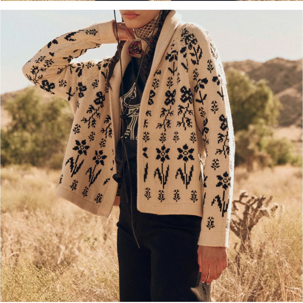 THE GREAT. Beige and Black Floral Cardigan